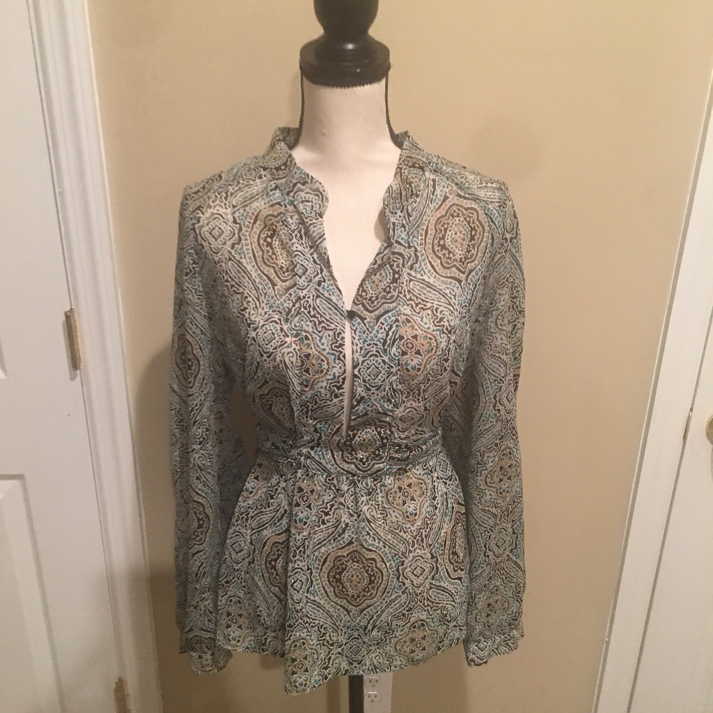 Lane Bryant Long-sleeve Green and Brown Floral Blouse